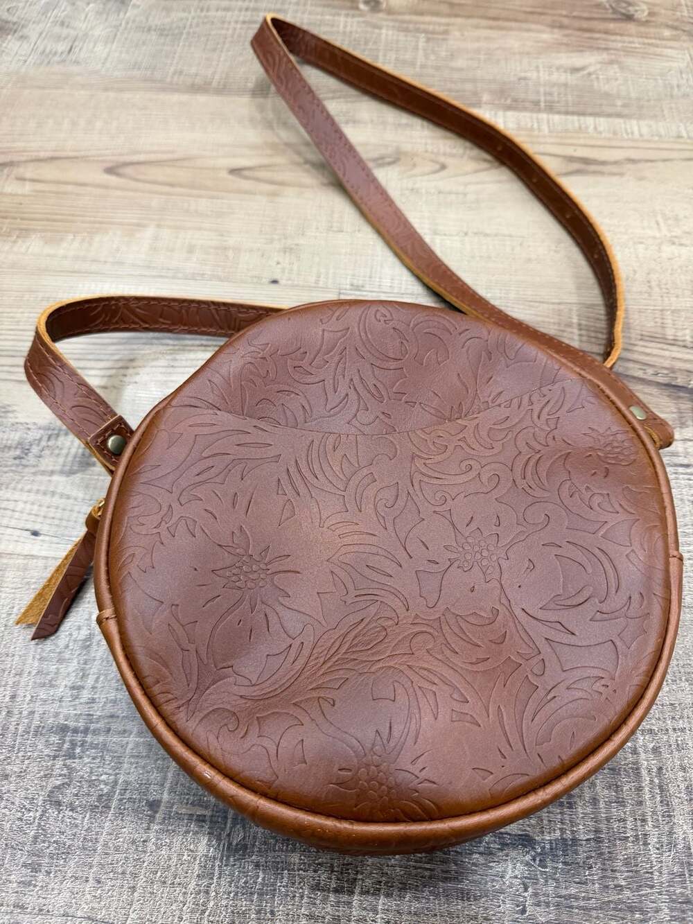 Portland Leather Goods Circle Crossbody Bag Tooled Floral Brown Leather Large